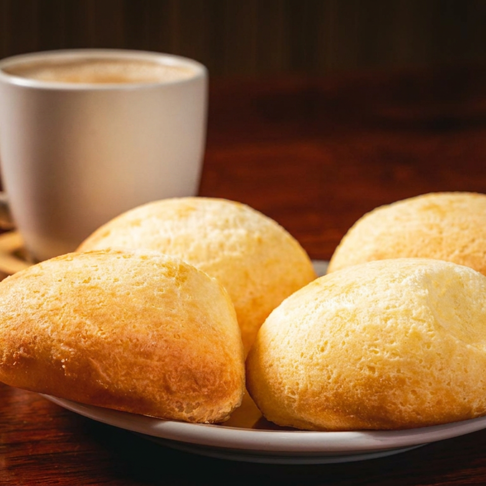 A plate of four golden buns and a coffee mug on a dark wooden table.