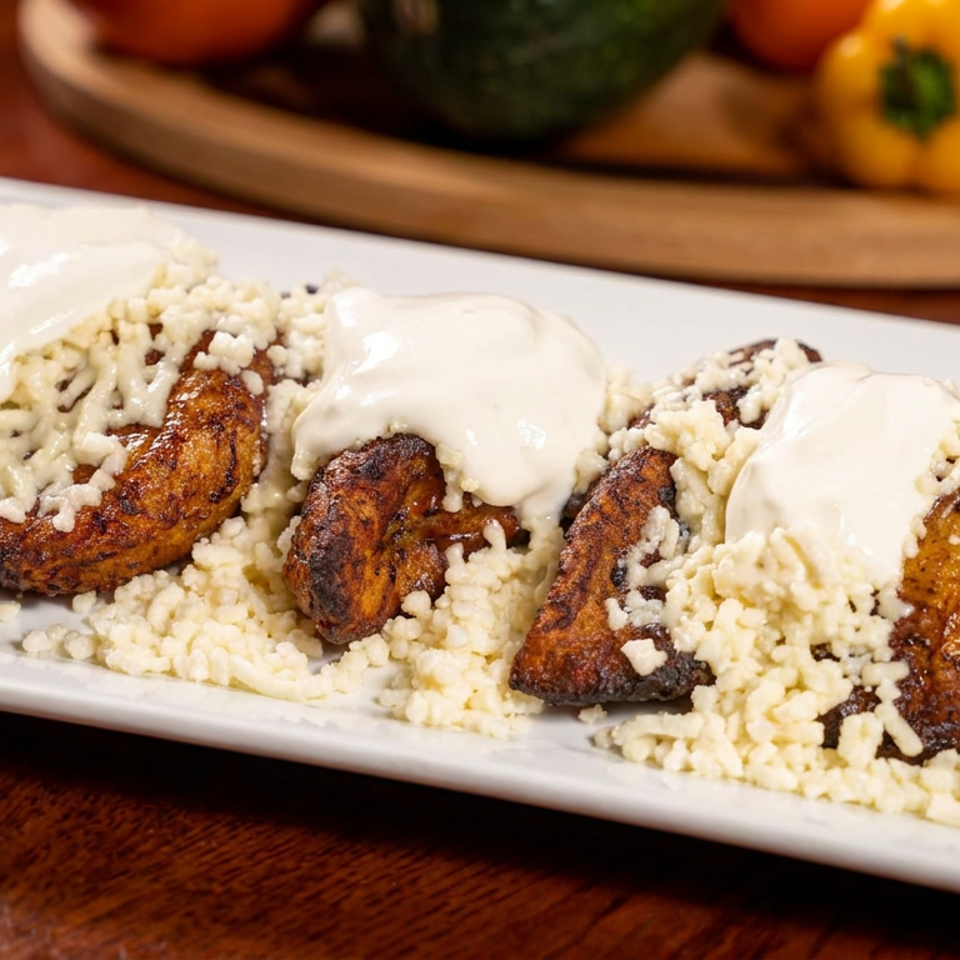 Three fried plantains topped with white cream and crumbled cheese on a white plate.