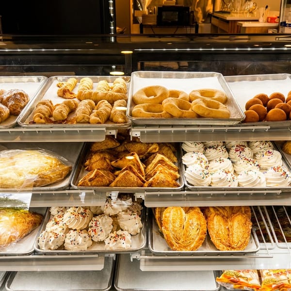 Brightly lit bakery display case showcasing a variety of fresh pastries, cookies, bagels, and meringues.