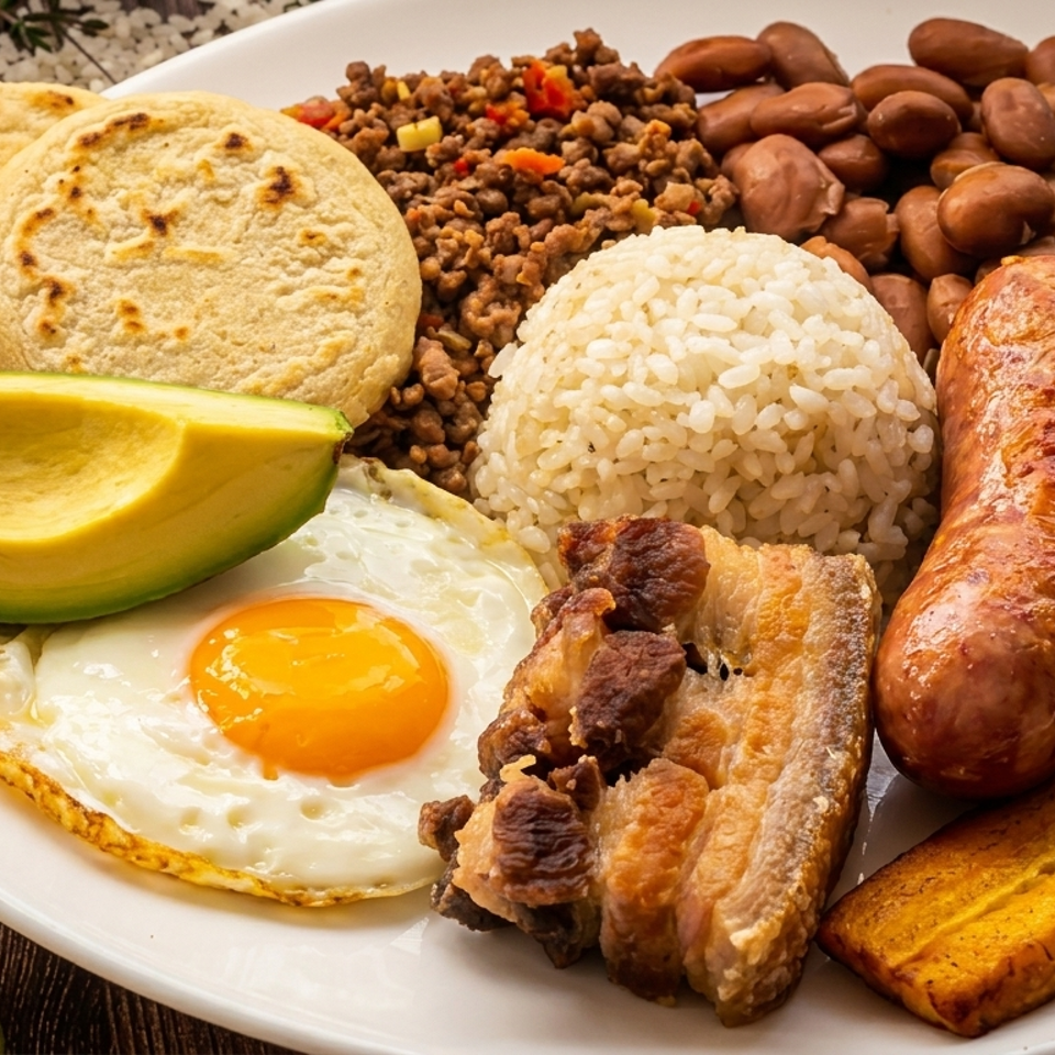 Hearty Colombian bandeja paisa featuring rice, beans, meats, egg, avocado, and fried plantains.
